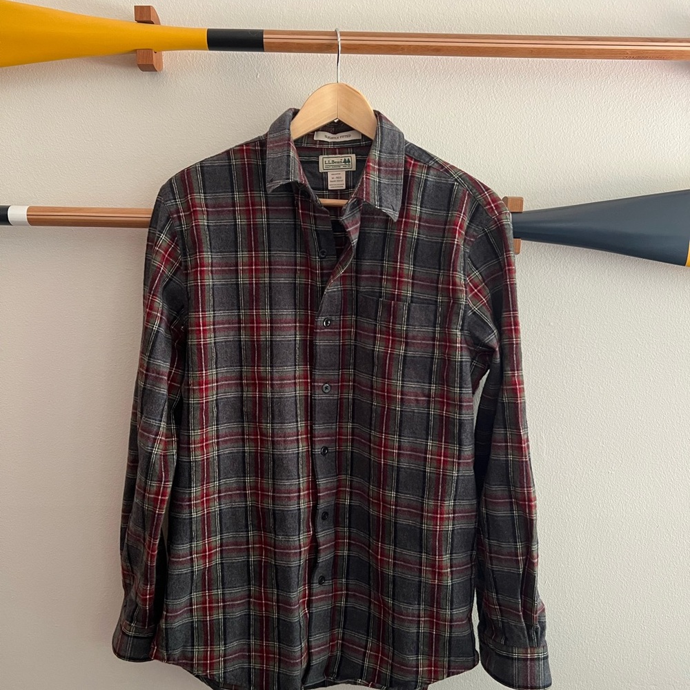 L.L. Bean Red and Gray Casual Button Down Shirt